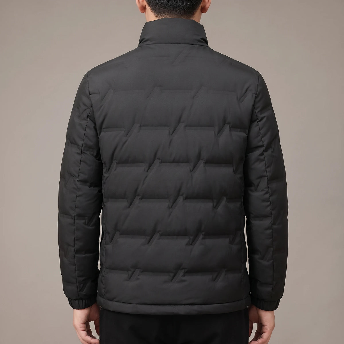 Halden Down Puffer black, back view on model showing quilted back