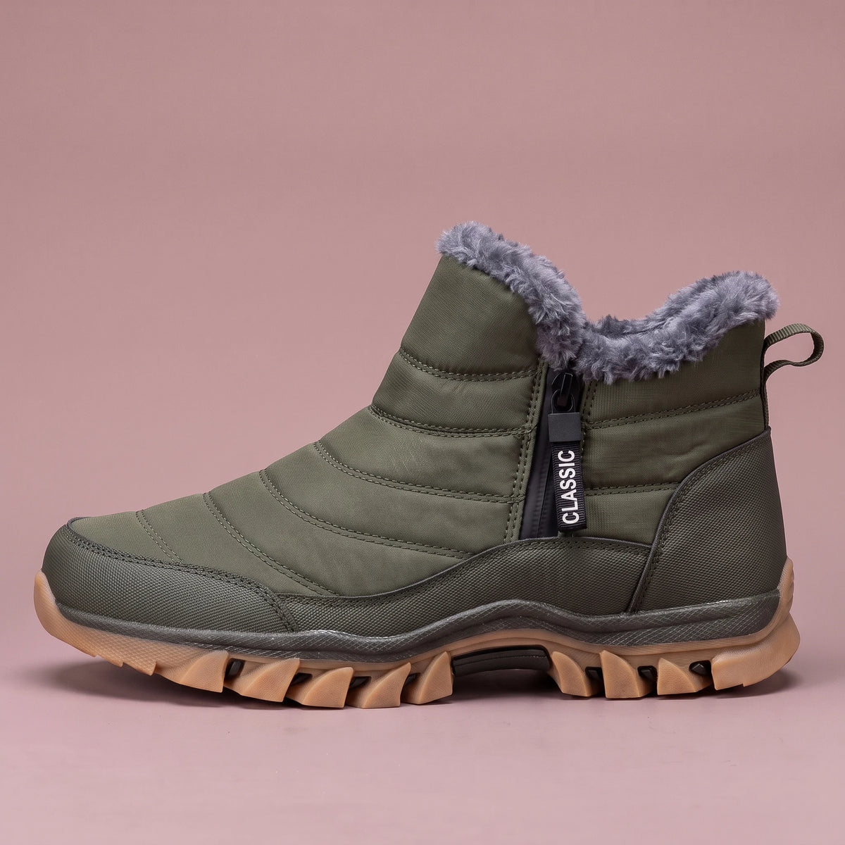 Halvard Fur-Lined Boot in army green, men's quilted slip-on ankle boot with plush lining and side zip, side view
