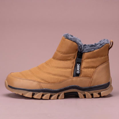 Halvard Fur-Lined Boot in camel, men's quilted slip-on ankle boot with plush lining and side zip, side view
