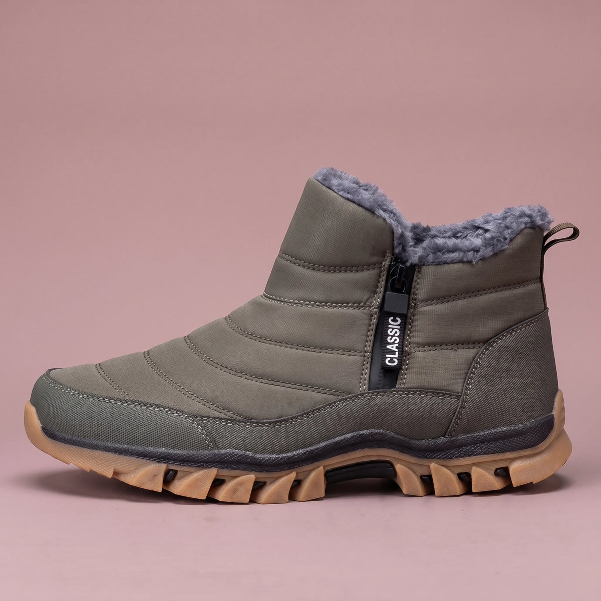 Halvard Fur-Lined Boot in gray, men's quilted slip-on ankle boot with plush lining and side zip, side view
