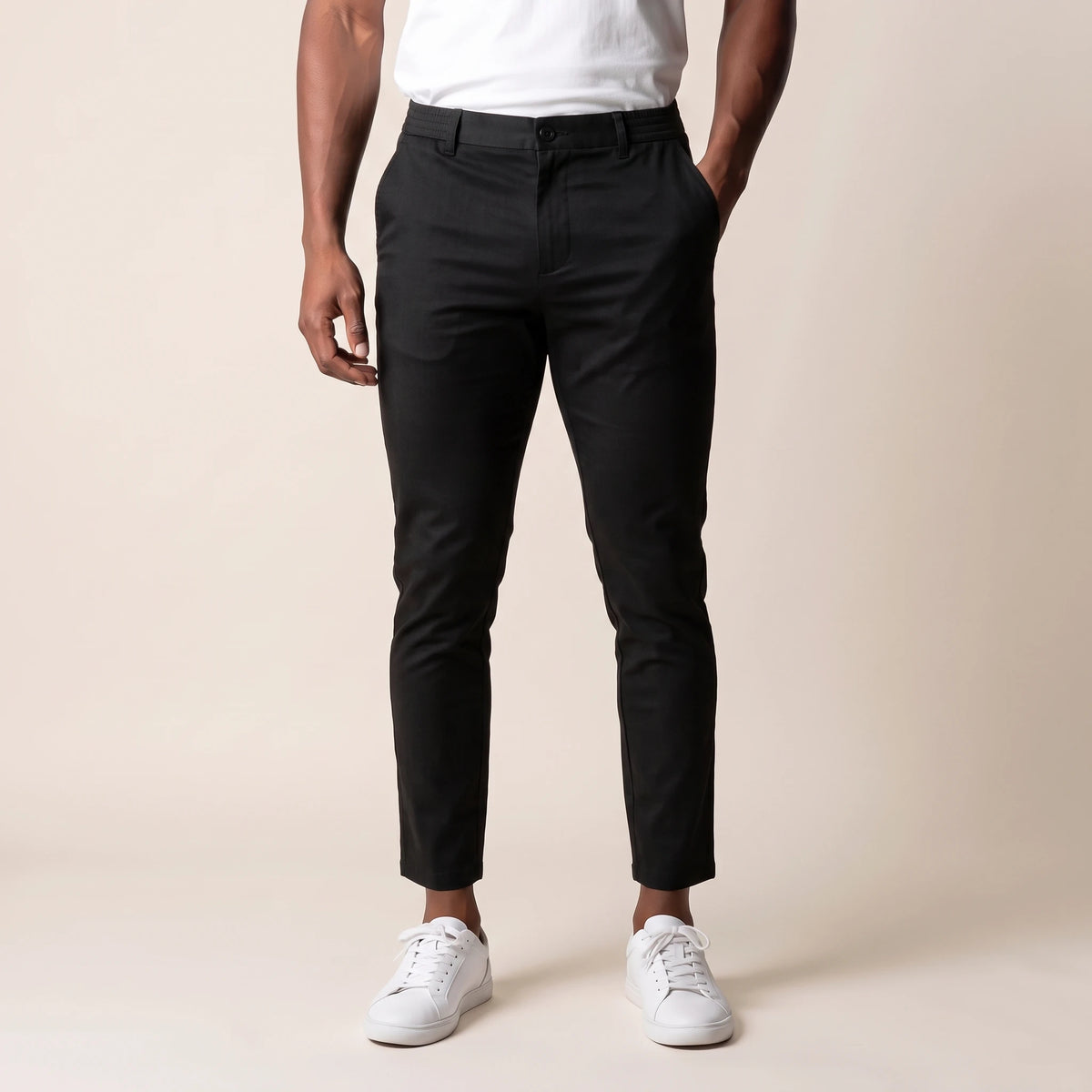 Keaton Ankle Trouser in black, men's slim tapered cropped trousers with side elastic waist, front view