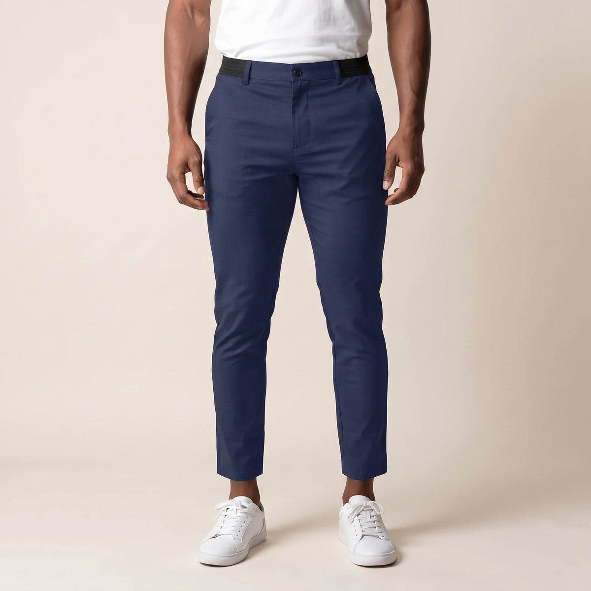Keaton Ankle Trouser in dark blue, men's slim tapered cropped trousers with side elastic waist, front view