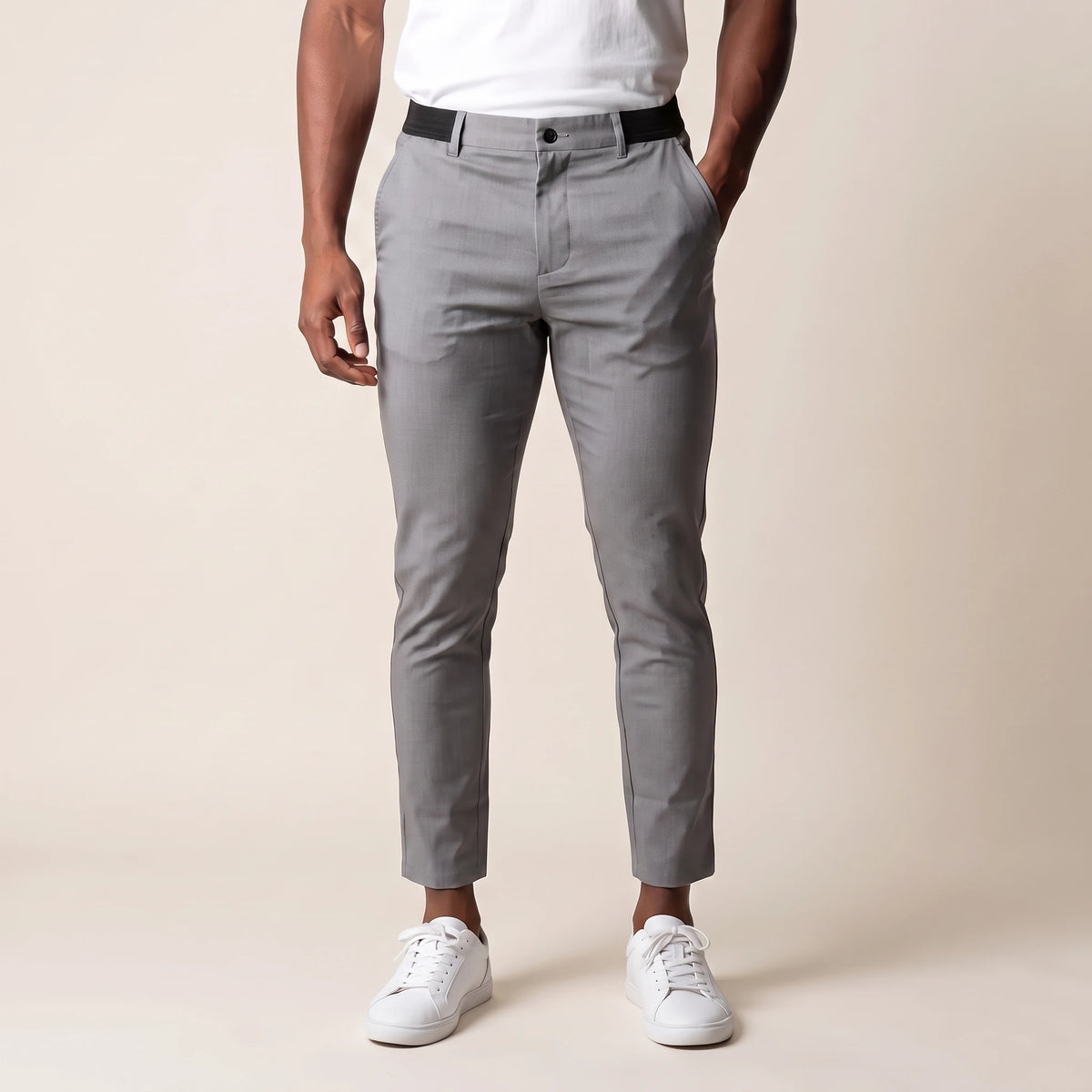 Keaton Ankle Trouser in grey, men's slim tapered cropped trousers with side elastic waist, front view