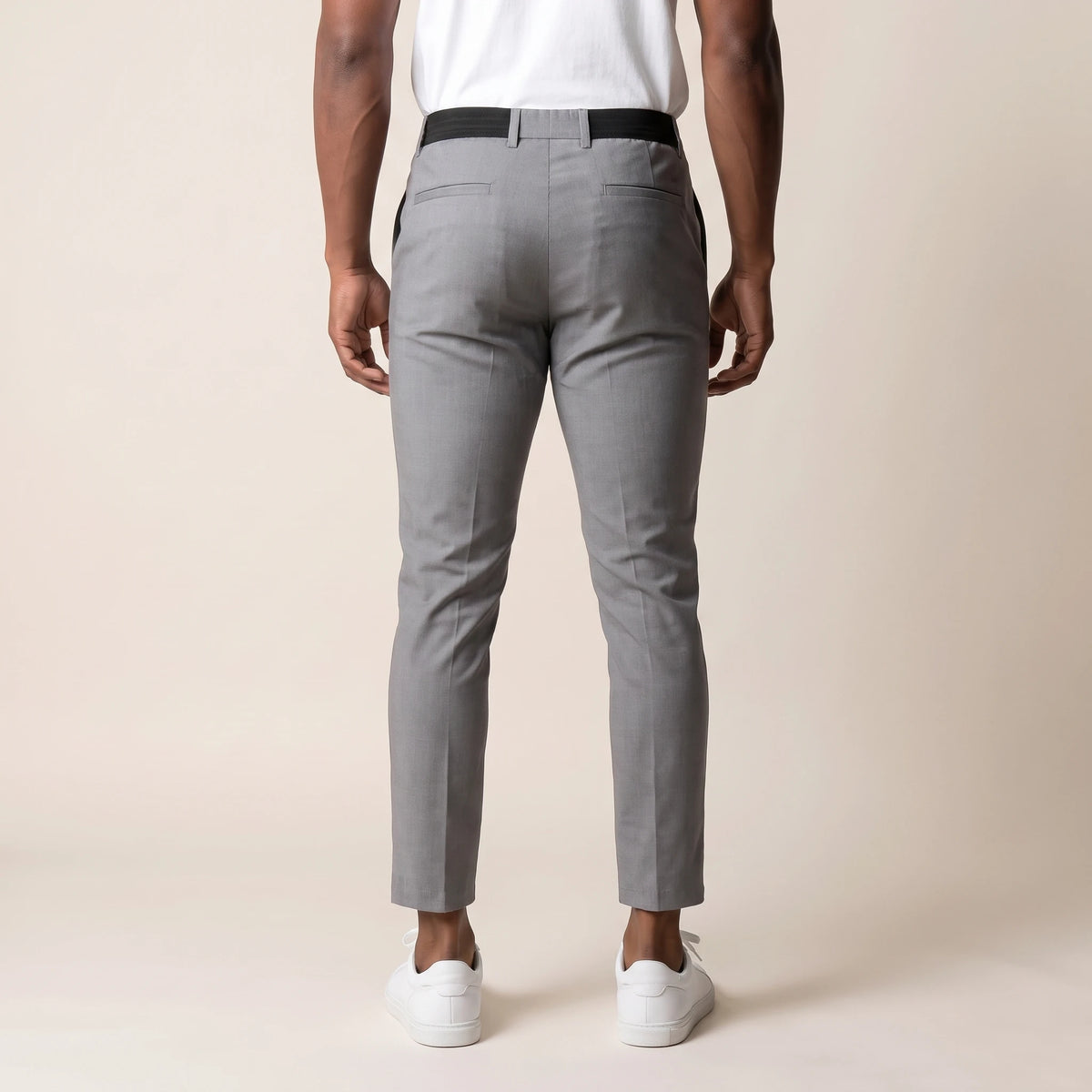 Keaton Ankle Trouser grey, back view with elastic waistband