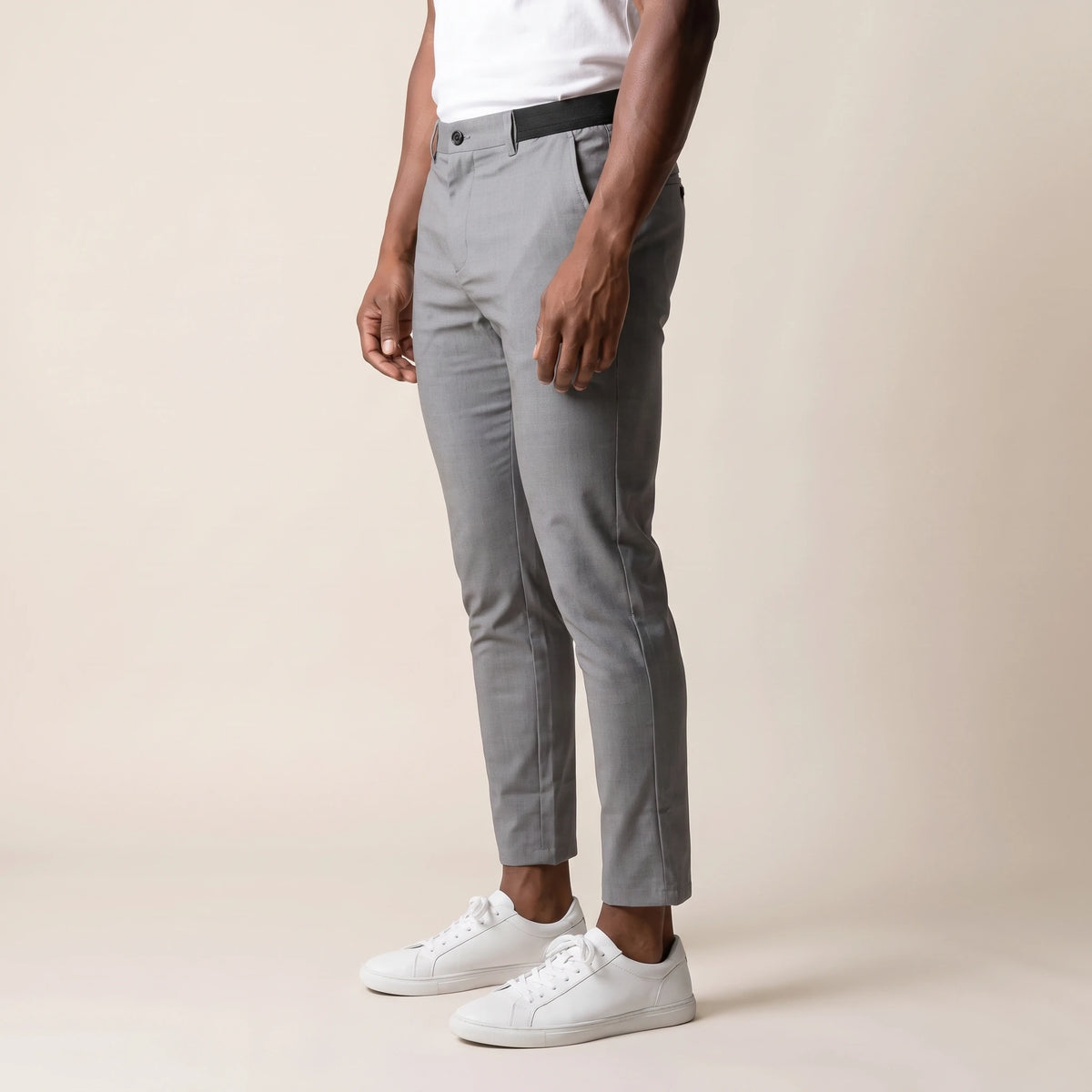 Keaton Ankle Trouser grey, side view showing the side elastic and cropped hem
