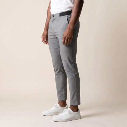 Keaton Ankle Trouser grey, side view showing the side elastic and cropped hem