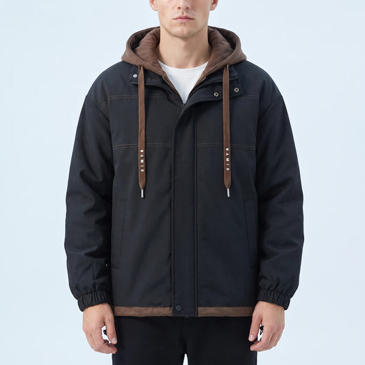 Kestrow Hooded Jacket in black, men's loose hooded jacket with brown contrast hood and hem, worn front view