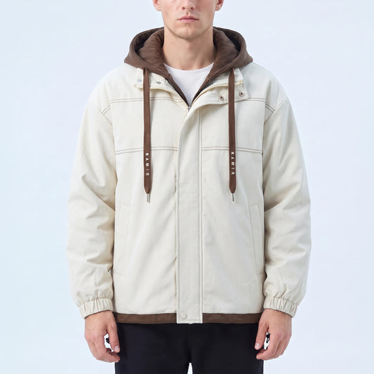 Kestrow Hooded Jacket in cream, men's loose hooded jacket with brown contrast hood and hem, worn front view