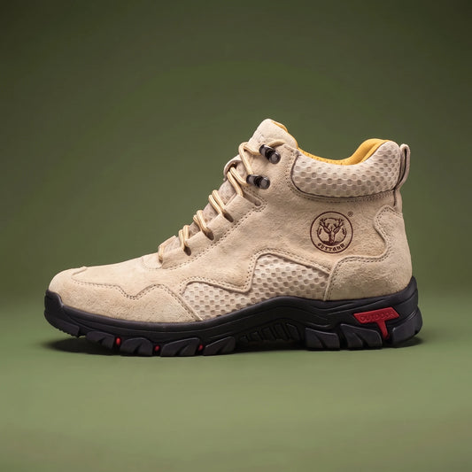 Maddox Lace-Up Boot in beige, men's light sand lace-up hiking boot with mesh collar, side view