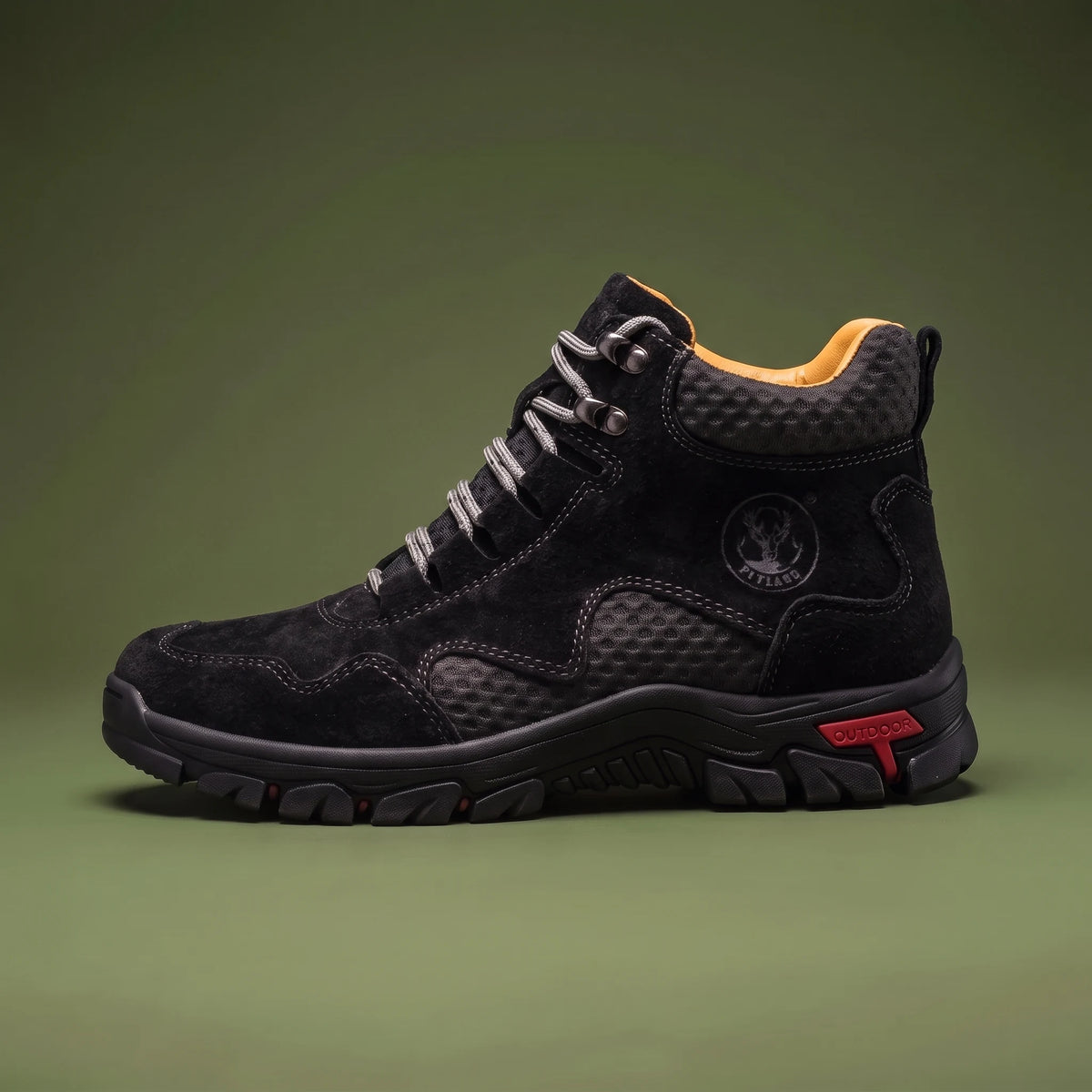 Maddox Lace-Up Boot in black, men's black lace-up hiking boot with grey laces, side view