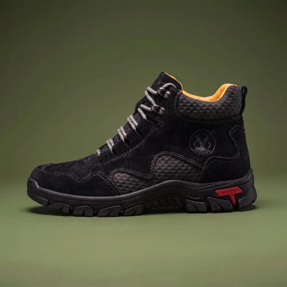 Maddox Lace-Up Boot in black, men's black lace-up hiking boot with grey laces, side view