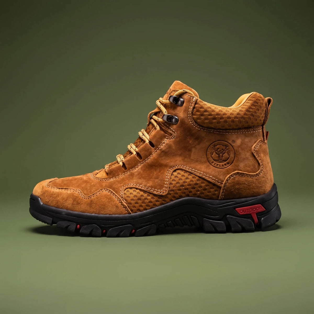 Maddox Lace-Up Boot in brown, men's lace-up hiking boot with mesh collar and chunky rubber sole, side view