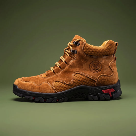 Maddox Lace-Up Boot in brown, men's lace-up hiking boot with mesh collar and chunky rubber sole, side view