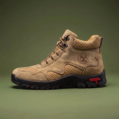 Maddox Lace-Up Boot in khaki, men's lace-up hiking boot with breathable mesh panels, side view