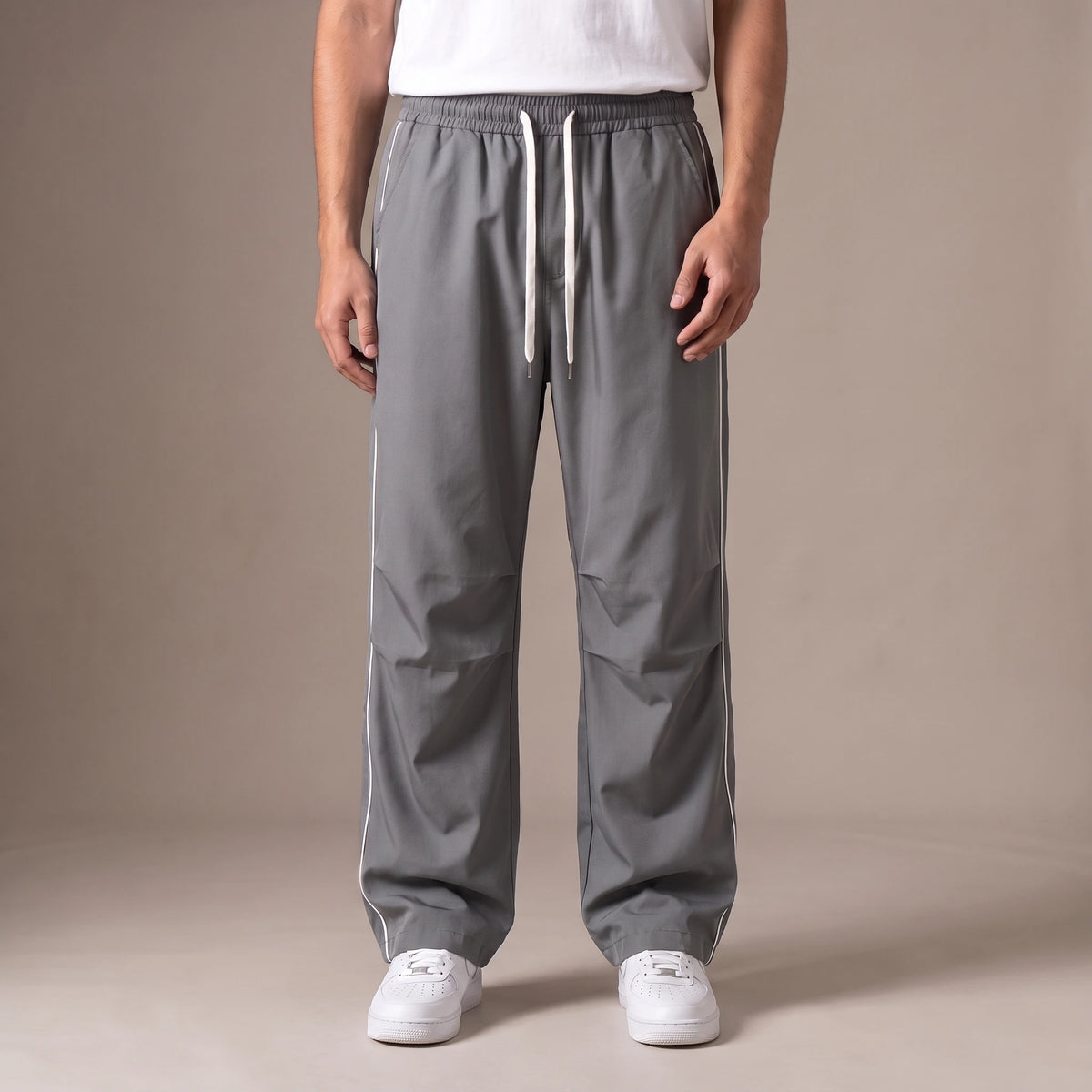Merrick Piped Track Pant in grey, wide-leg track pants with white side piping and drawcord waist