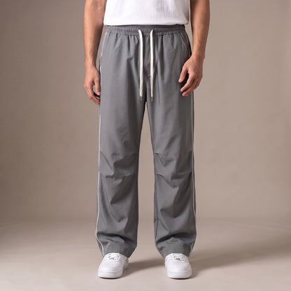 Merrick Piped Track Pant in grey, wide-leg track pants with white side piping and drawcord waist