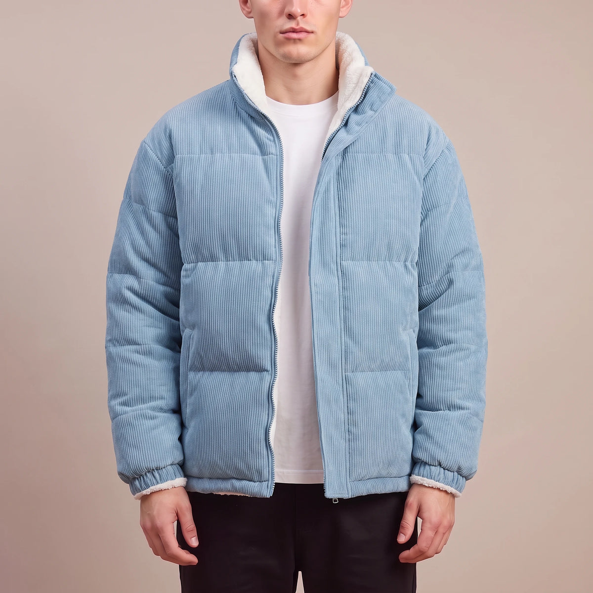 Morvane Fleece Puffer in blue, men's light blue corduroy puffer jacket with fleece-lined stand collar, worn front view