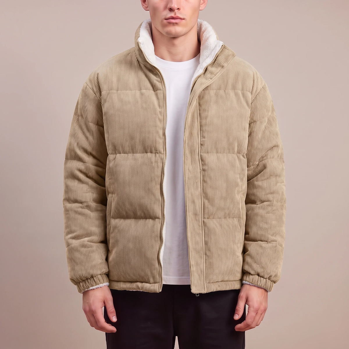 Morvane Fleece Puffer in khaki, men's khaki corduroy puffer jacket with fleece lining, worn front view