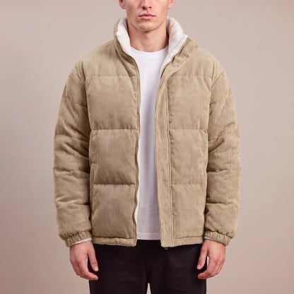 Morvane Fleece Puffer in khaki, men's khaki corduroy puffer jacket with fleece lining, worn front view