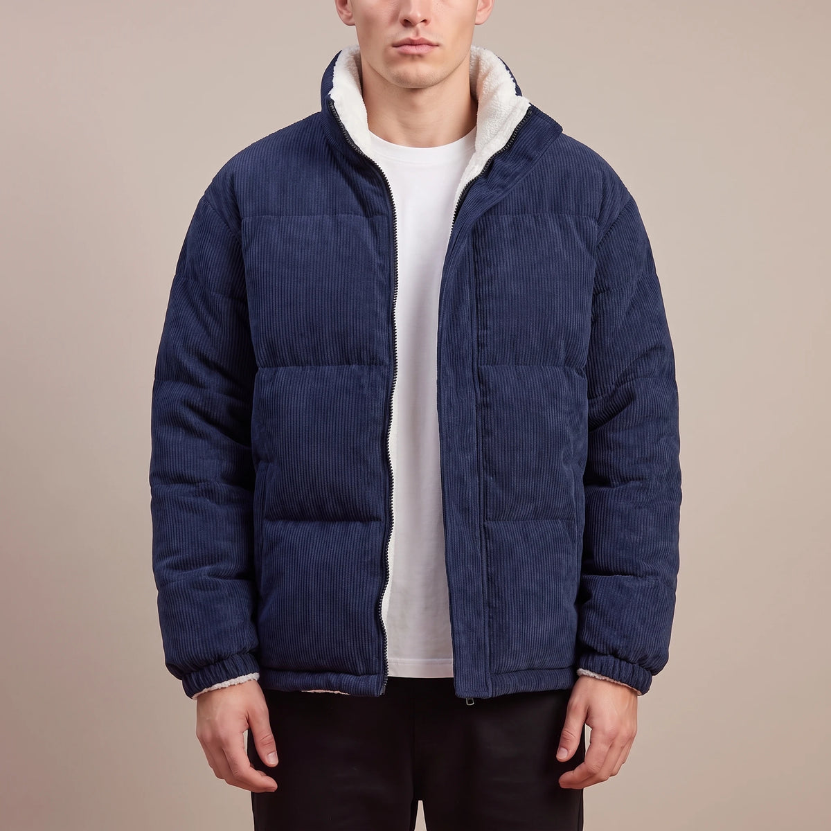 Morvane Fleece Puffer in navy, men's fine-wale corduroy puffer jacket with fleece lining and stand collar, worn front view