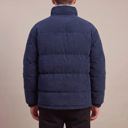 Morvane Fleece Puffer navy corduroy puffer jacket, back view on model showing quilted corduroy back