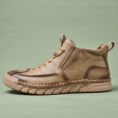 Oswin Leather Chukka in khaki, men's tan slip-on leather chukka ankle boot, side view
