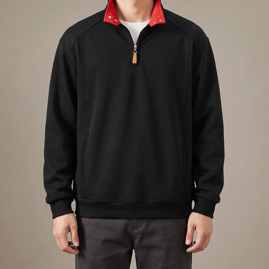 Penrose Quarter-Zip Sweatshirt in black with red collar lining, men's half-zip sweatshirt with a snap-tab stand collar, front view