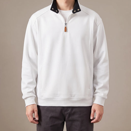 Penrose Quarter-Zip Sweatshirt in white with black collar lining, men's half-zip sweatshirt with a snap-tab stand collar, front view