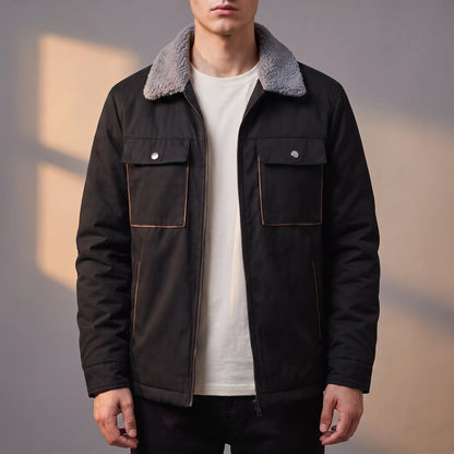 Radley Utility Jacket in black, men's sherpa-lined utility jacket with snap chest pockets, worn front view