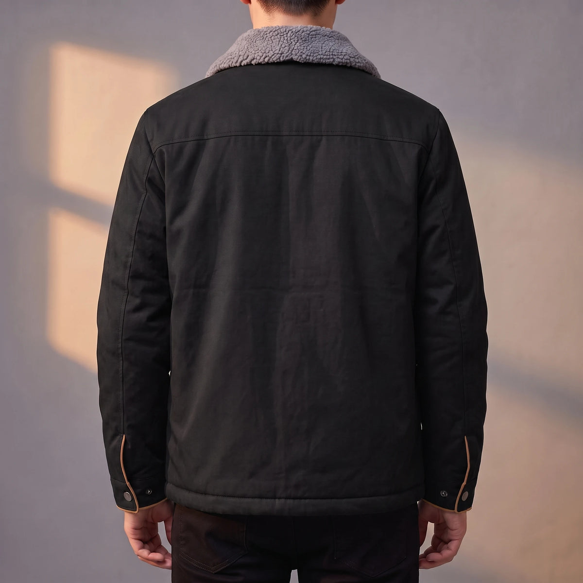 Radley Utility Jacket black sherpa-lined utility jacket, back view on model