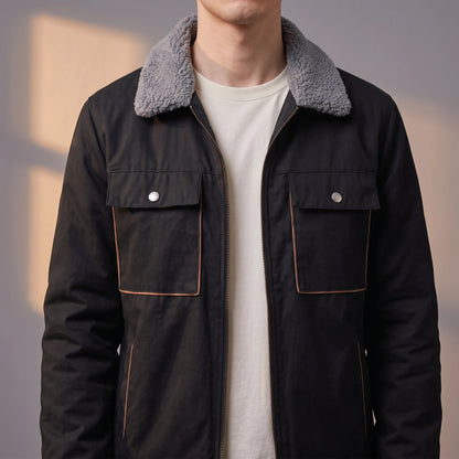 Radley Utility Jacket close-up of sherpa collar, zip and snap chest pocket