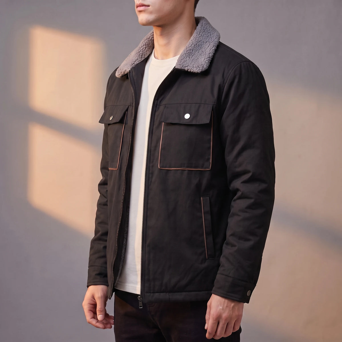 Radley Utility Jacket black sherpa-lined utility jacket, side view on model
