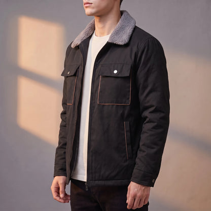 Radley Utility Jacket black sherpa-lined utility jacket, side view on model