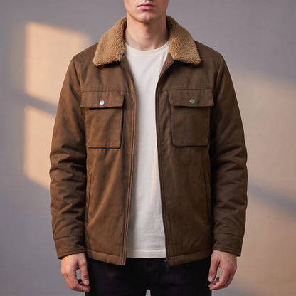 Radley Utility Jacket in coffee, men's brown sherpa-lined utility jacket with sherpa collar, worn front view