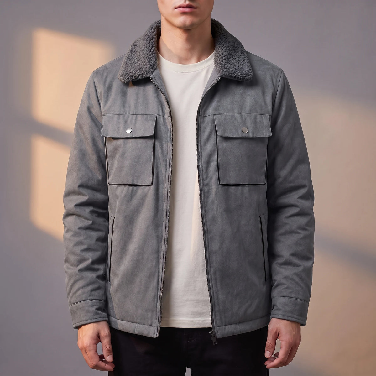 Radley Utility Jacket in grey, men's sherpa-lined twill utility jacket with snap chest pockets, worn front view