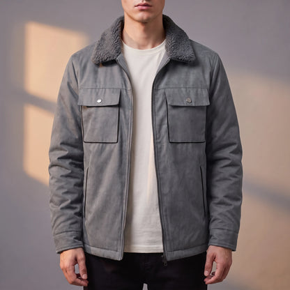 Radley Utility Jacket in grey, men's sherpa-lined twill utility jacket with snap chest pockets, worn front view