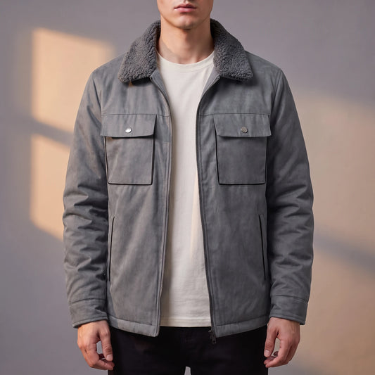 Radley Utility Jacket in grey, men's sherpa-lined twill utility jacket with snap chest pockets, worn front view