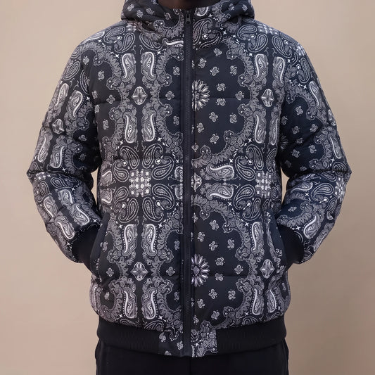 Rennick Paisley Puffer in black, men's black paisley bandana print hooded puffer jacket, worn