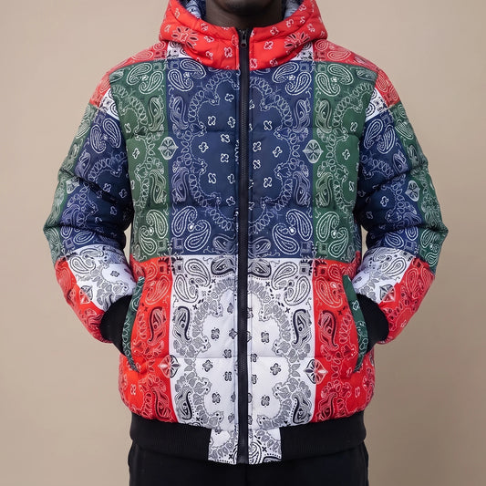 Rennick Paisley Puffer in multi, men's red, navy, green and white bandana patchwork hooded puffer jacket, worn