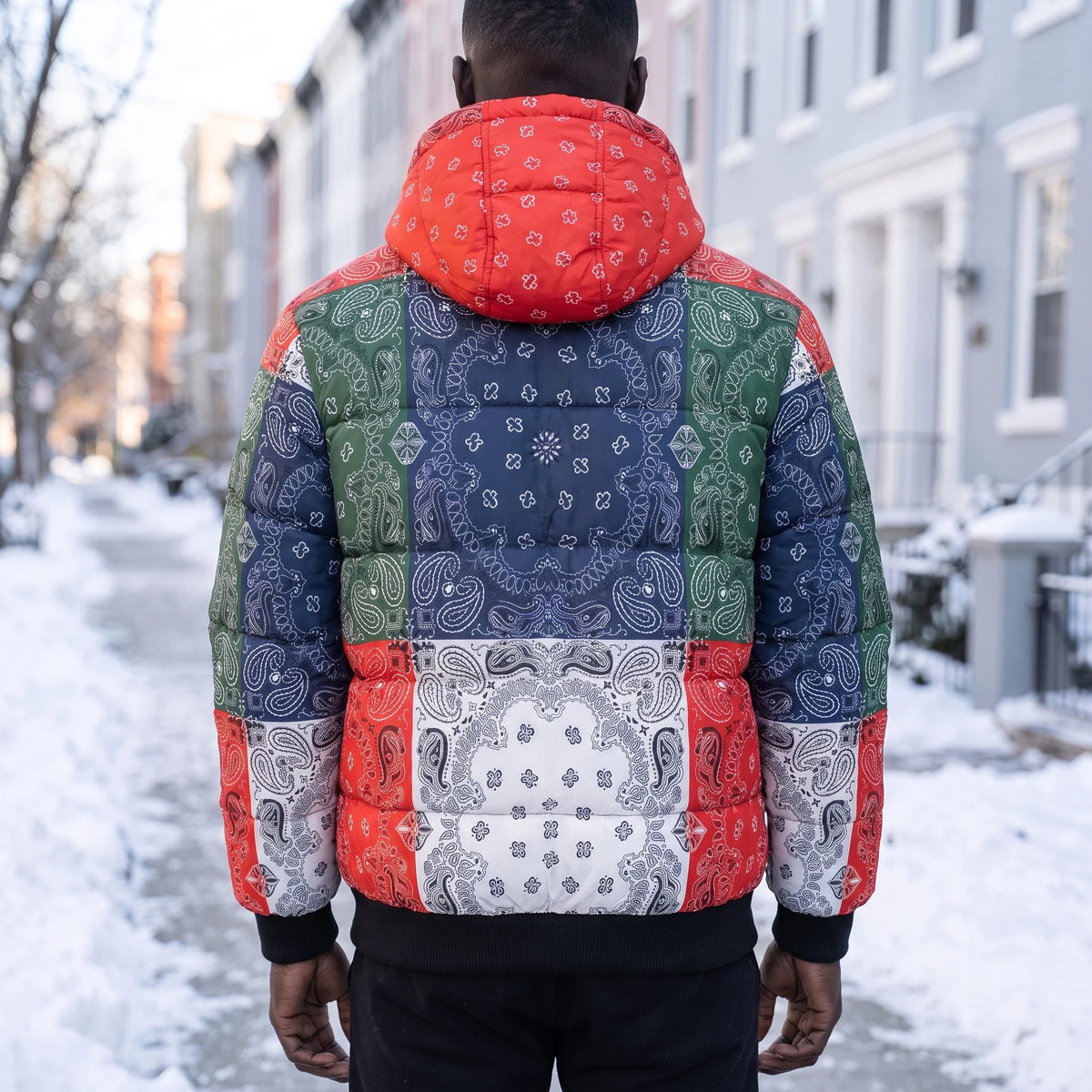 Rennick Paisley Puffer multi bandana patchwork puffer, back view on model