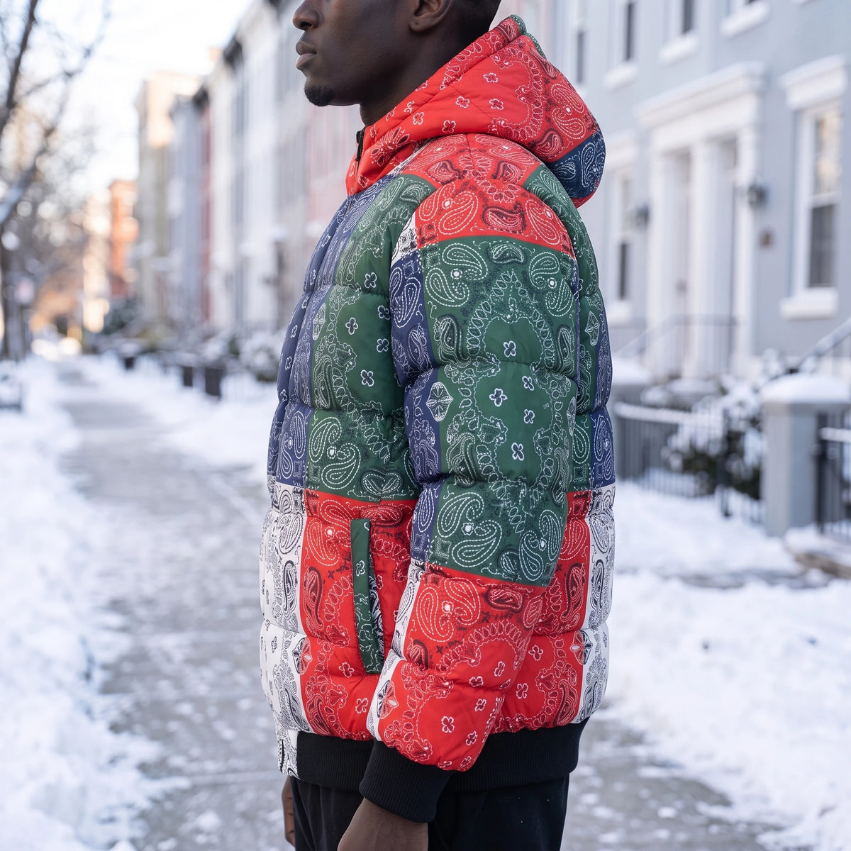 Rennick Paisley Puffer multi bandana patchwork puffer, side view on model