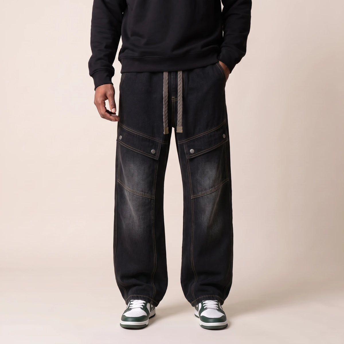 Sorrel Drawcord Jean in black, men's wide-leg cargo jeans with a drawcord waist and snap-flap thigh pockets, front view