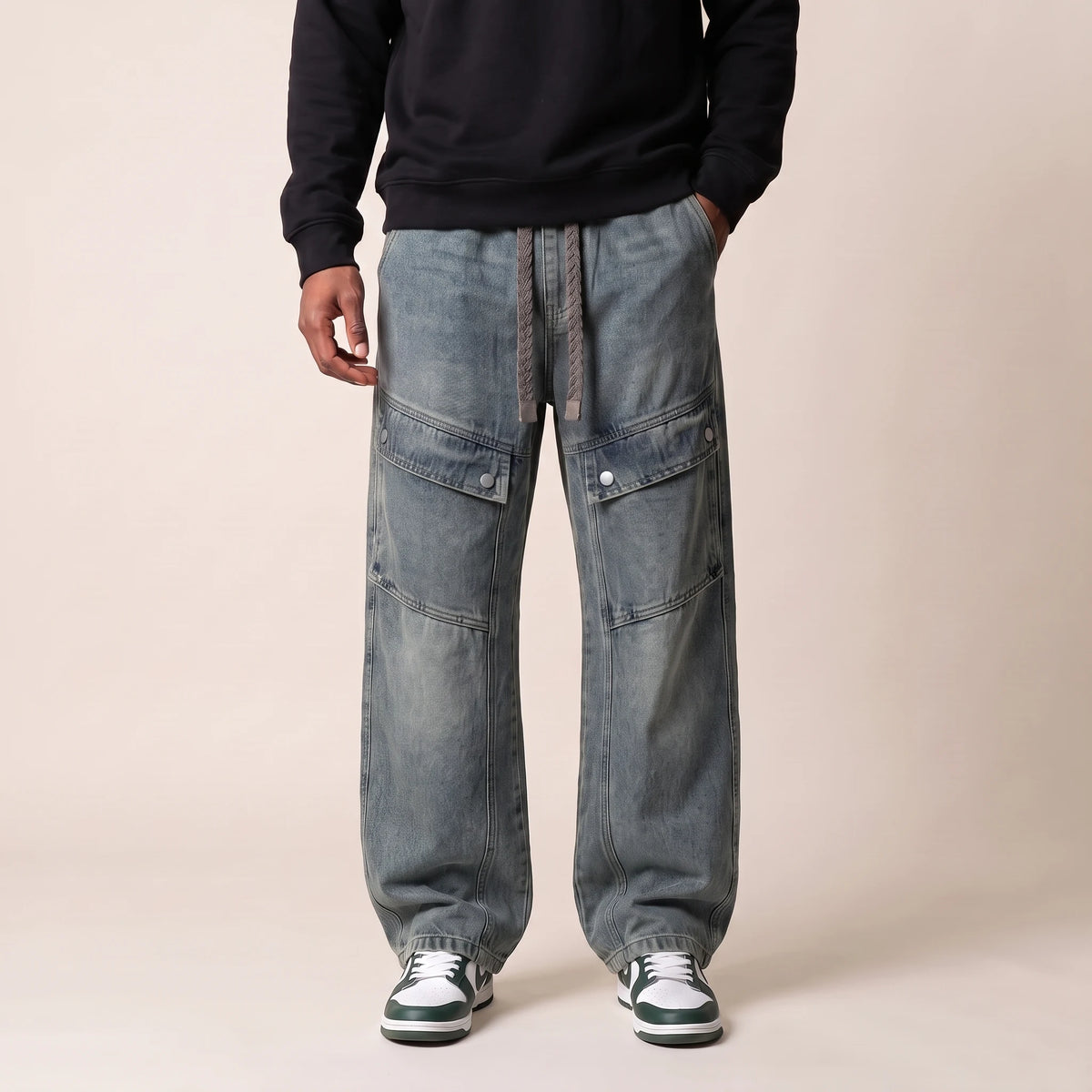 Sorrel Drawcord Jean in blue, men's wide-leg cargo jeans with a drawcord waist and snap-flap thigh pockets, front view