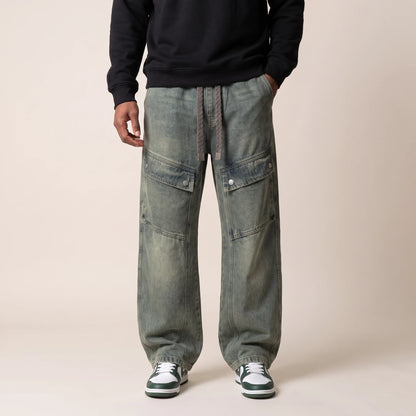 Sorrel Drawcord Jean in vintage wash, men's wide-leg cargo jeans with a drawcord waist and snap-flap thigh pockets, front view
