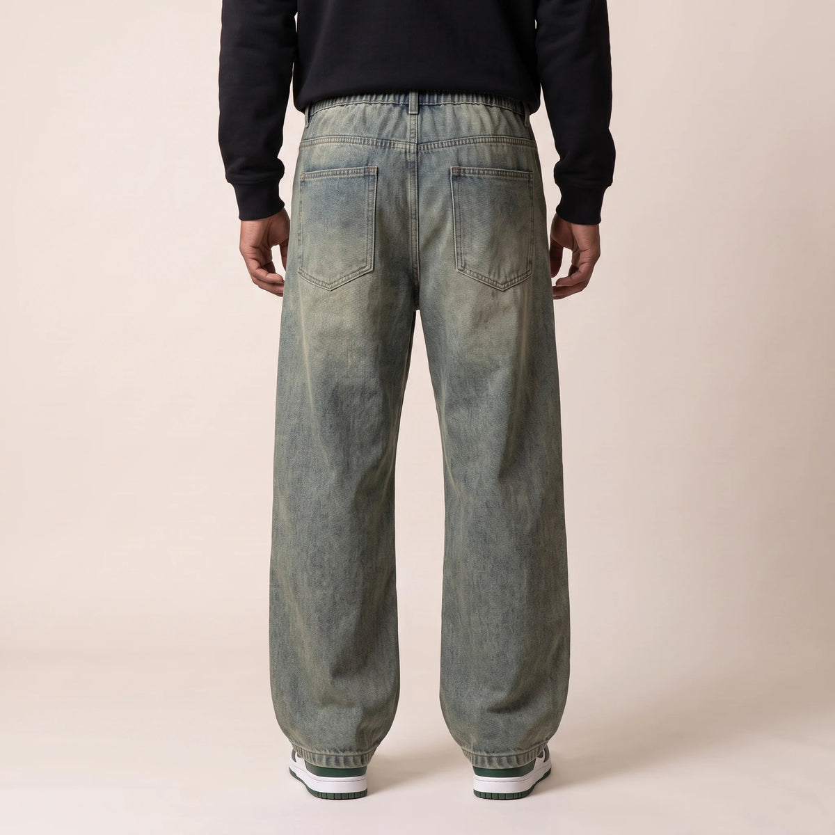 Sorrel Drawcord Jean in vintage wash, men's wide-leg cargo jeans with a drawcord waist and snap-flap thigh pockets, back view
