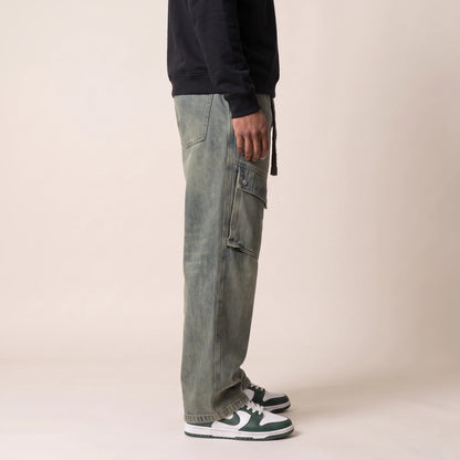 Sorrel Drawcord Jean in vintage wash, men's wide-leg cargo jeans with a drawcord waist and snap-flap thigh pockets, side view