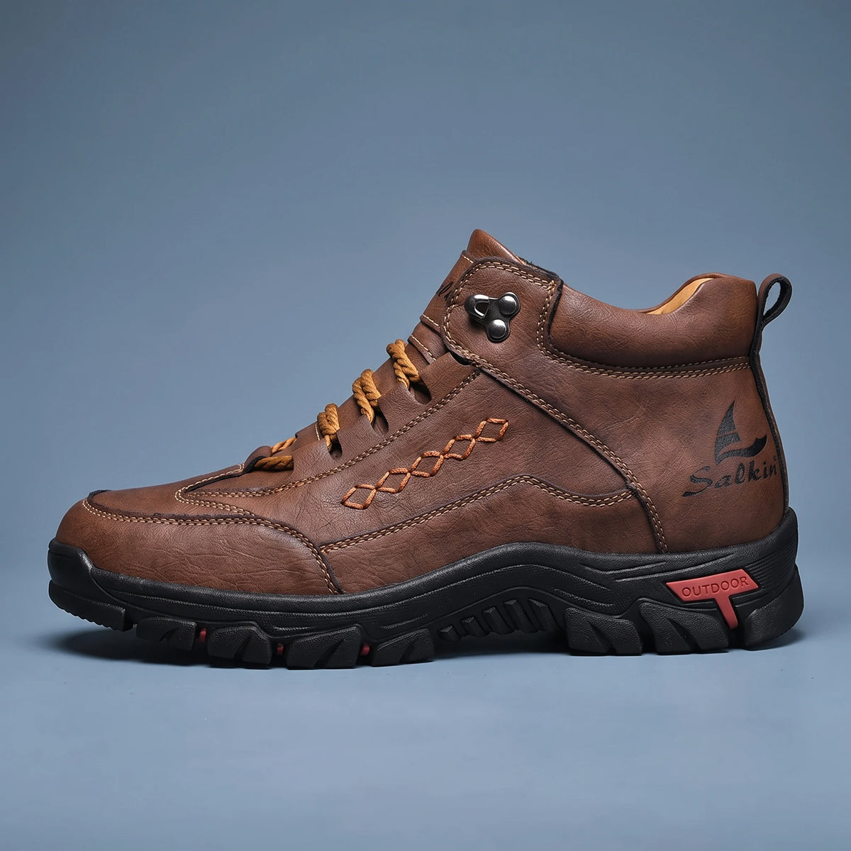 Tarrow Trail Shoe in brown, men's high-top lace-up hiking shoe with stitched detail and chunky grip sole, side view