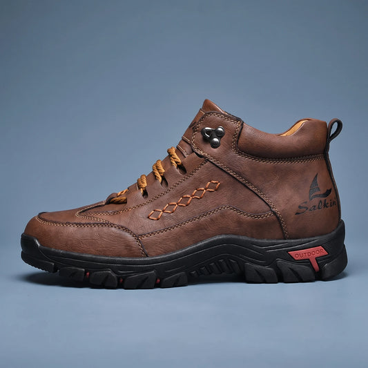 Tarrow Trail Shoe in brown, men's high-top lace-up hiking shoe with stitched detail and chunky grip sole, side view