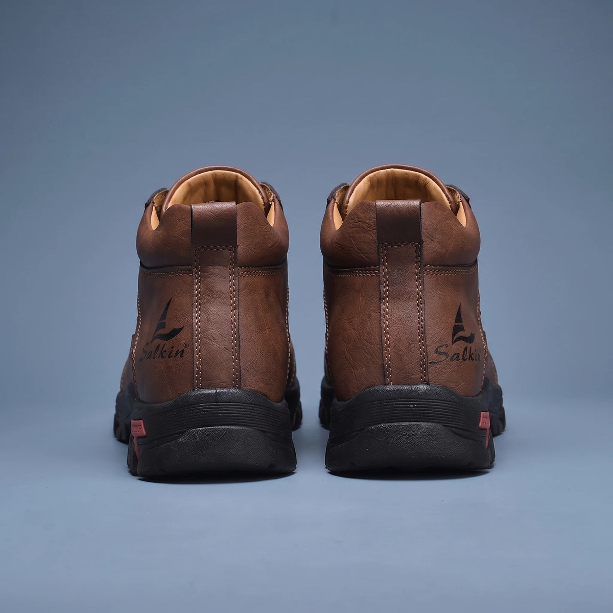 Tarrow Trail Shoe brown pair, back view of heels and pull loops