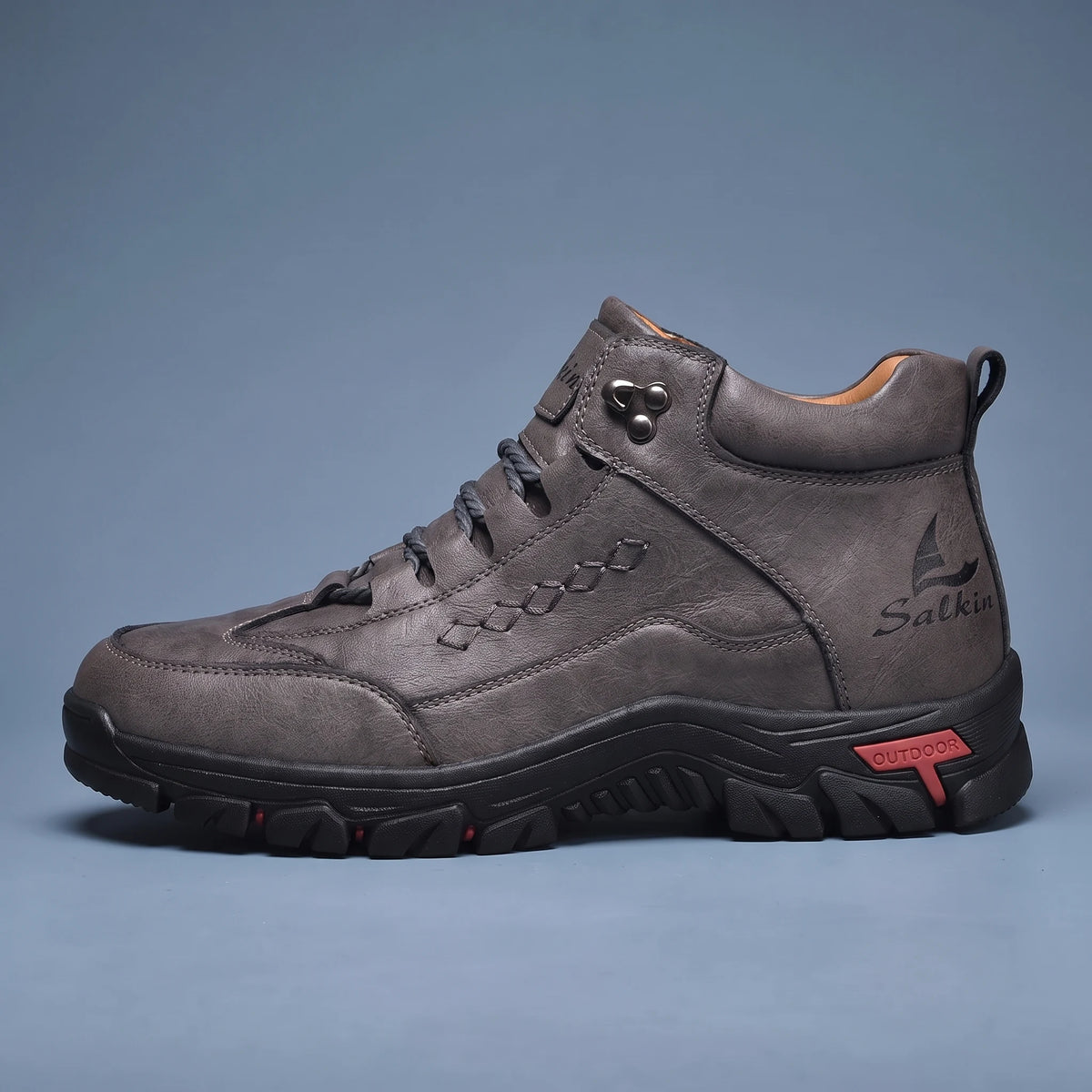 Tarrow Trail Shoe in grey, men's high-top lace-up hiking shoe with chunky grip sole, side view